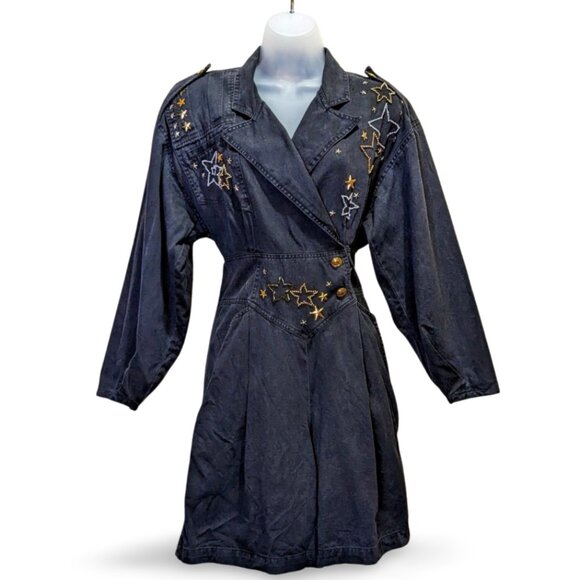 80s / 90s Black Star Romper Womens 8 Long Sleeve Summer Goth Beaded Playsuit